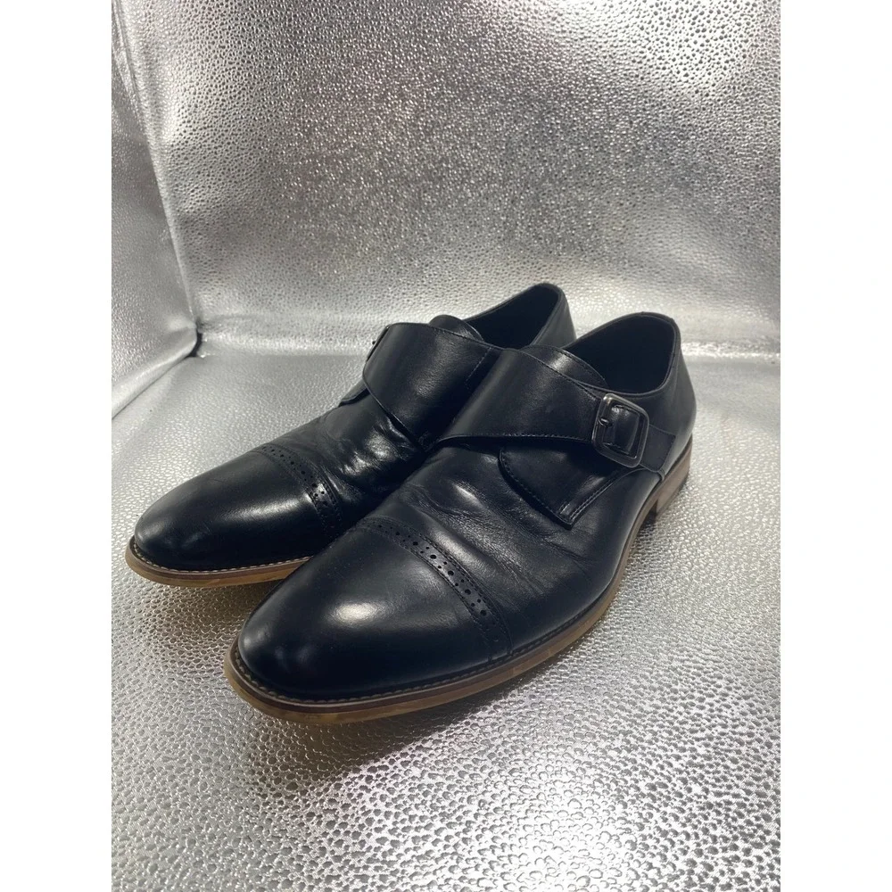 Mens Black Leather Monk Strap‎ Dress Shoes Cap Toe Brogue Detail Size 10.5